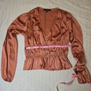 Peach Satin-Feel Blouse W/Billowed Sleeves